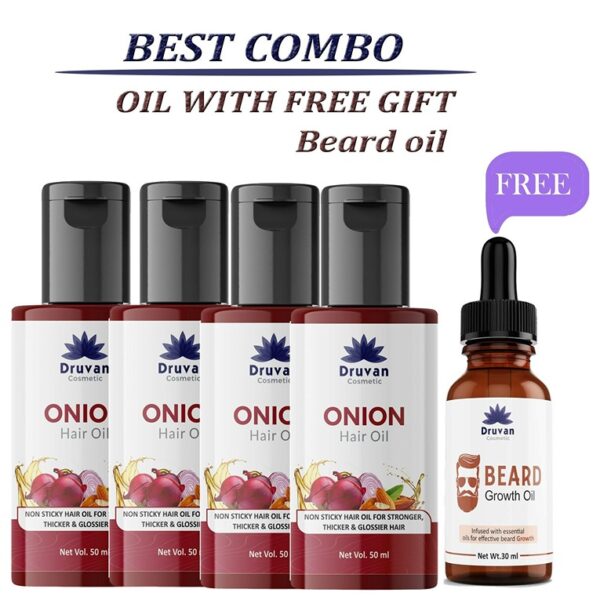 Druvan Cosmetic Onion Hair Oil 50 ml (Pack Of 4) ( Get 50ml Beard Oil Free) (KDB-1614028)