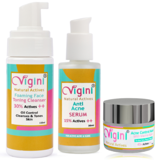 Vigini Face Wash Anti Acne Foaming Toning Cleansing Wash + Face Serum + Mask
