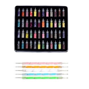 48 Bottles 3D nail art Glitter Rihnestones Sequins Dust Powder set & 5 Pcs Double Sided Nail Dotting Tool Pen
