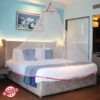 Mosquito Net - for Double Bed, King-Size, Round Ceiling Hanging Foldable Polyester Net, White And Red