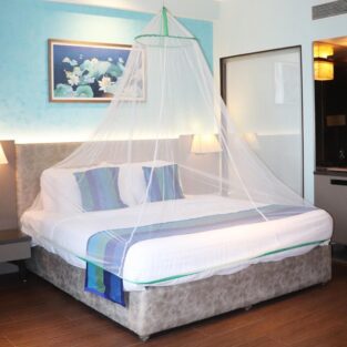 Mosquito Net - for Double Bed, King-Size, Round Ceiling Hanging Foldable Polyester Net, White And Green