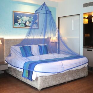 Mosquito Net - for Double Bed, King-Size, Round Ceiling Hanging Foldable Polyester Net, White And Blue