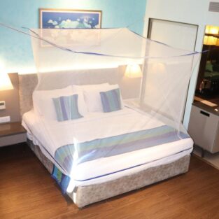 Mosquito Net - for Double Bed, King-Size, Square Hanging Foldable Polyester Net, White and Blue