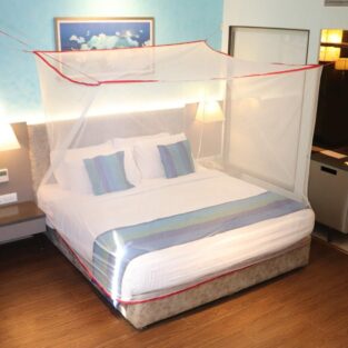 Mosquito Net - for Double Bed, King-Size, Square Hanging Foldable Polyester Net, White and Red