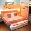 Mosquito Net - for Double Bed, King-Size, Square Hanging Foldable Polyester Net, Orange and Black