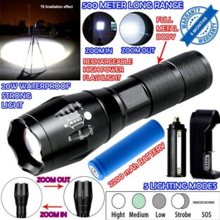 Waterproof LED Rechargeable Flashlight Torch 500 Meter Zoomable Long Beam 5 Mode 20W Flashlight Torch
