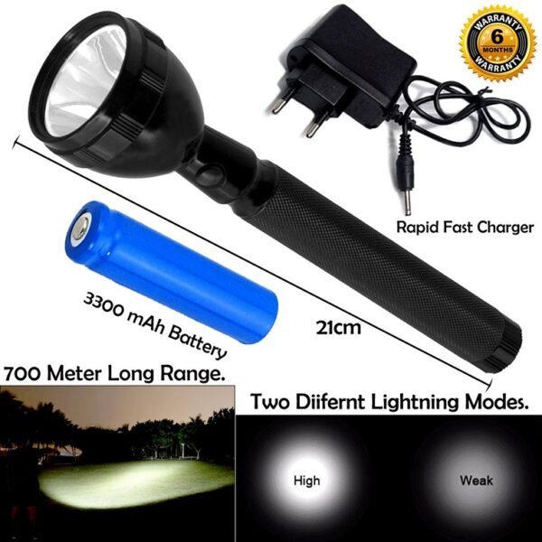 Flashlight Torch - Waterproof LED Rechargeable 700 Meter Long Beam 2 Mode Metal 2W Flashlight Torch (STY-2313092)