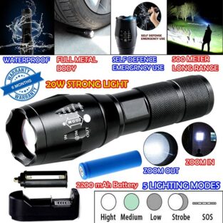 Waterproof Laser LED Flashlight Torch Rechargeable 5 Mode 500 Zoomable Meter Long Beam Metal Body 20W Flashlight Torch