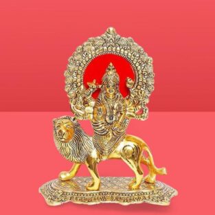 Oxide Metal Durga Maa on Lion Statue for Navratri Antique Gold Plated Showpiece (Aluminum, Gold)