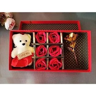 Valentine Gift - Scented Six Rose Flowers Pack with Teddy and Artificial Flower with Stem in Beautiful Box Packing (Red)