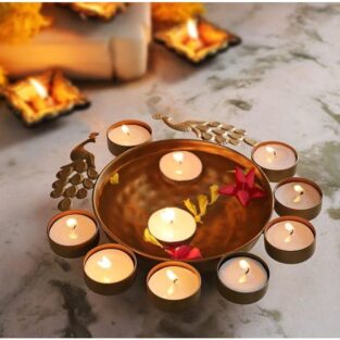 Urli Bowl for Home Decor Diwali Decoration Item Gifts - Tea Light Peacock Flower Shape Decorative Urli