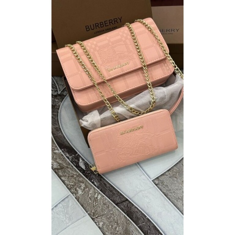 Burberry Handbag Plaid With Wallet and Original Box and Dust Bag (Pink)