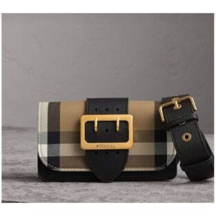 Burberry Handbag Women's Brown Madison Small House Check & Leather Buckle Crossbody With Box 760