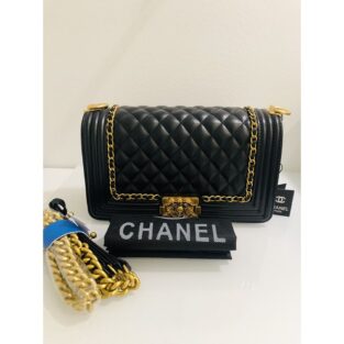 Chanel Handbag le Boy Black Gold With OG Box