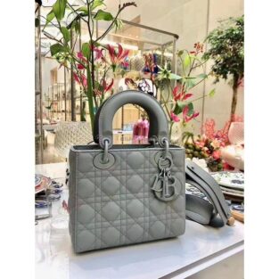 Dior Handbag Lady Gray Matte With Original Box