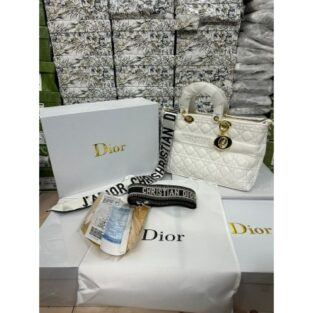 Christian Dior Hangbag Lady D-Joy Premium with Original Box and Dust Bag, Adorned with a Stylish Scarf, White